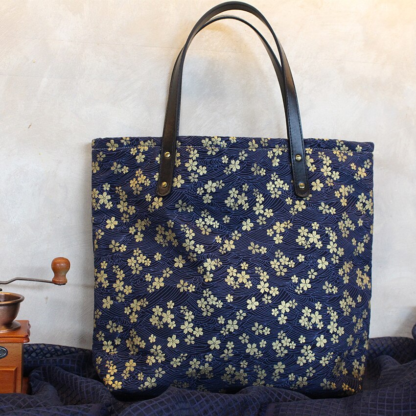 Donkerblauwe zool sakura canvas tas schoudertas heuptas met rits grote capaciteit dames japanse stijl literaire dikke brede handtas