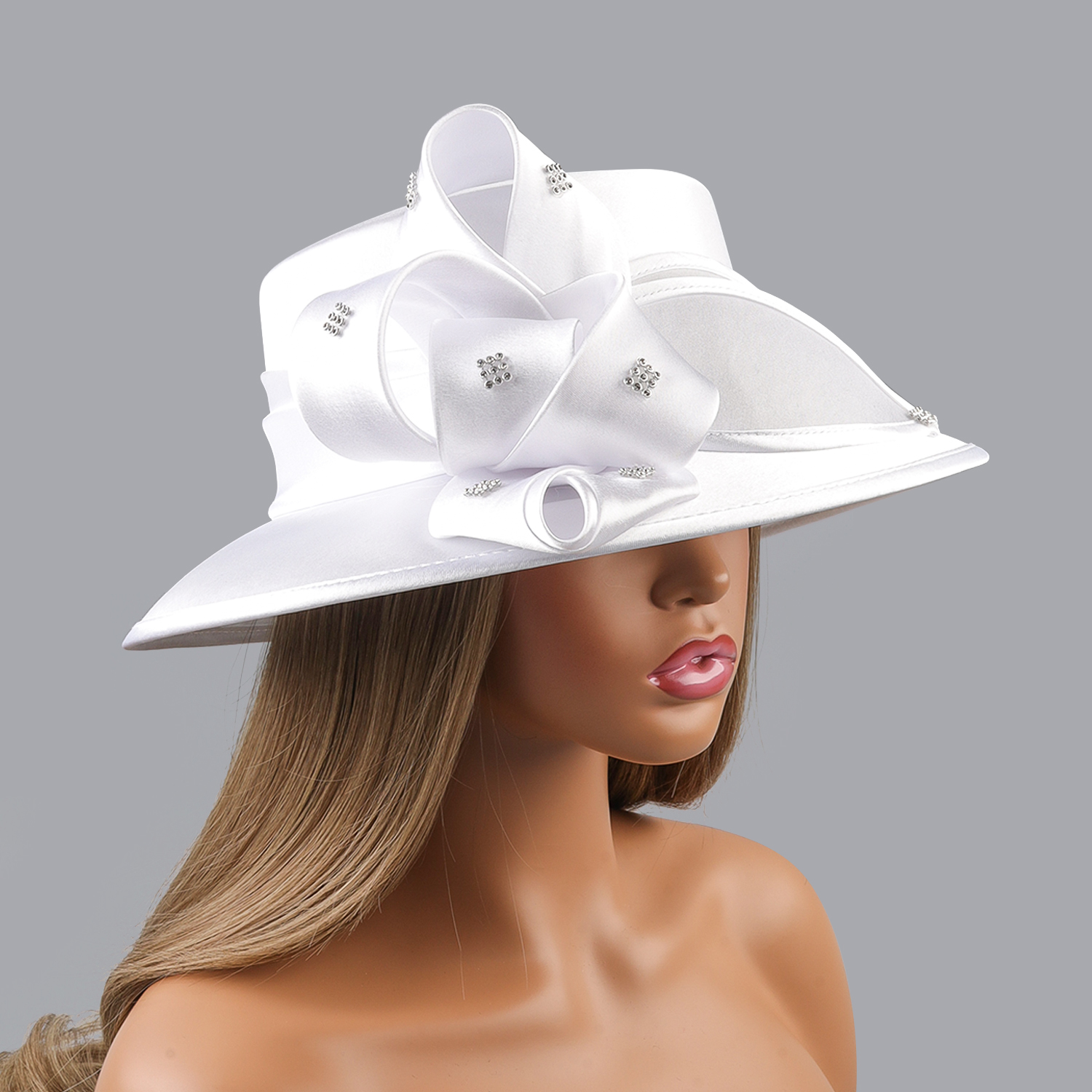 Sombrero de iglesia blanco de lujo para , banquete, tela satinada, sombreros de fotografía, cadenas Premium, sombrero Formal, gorra superior de flores para mujeres y señoras: Azul cielo