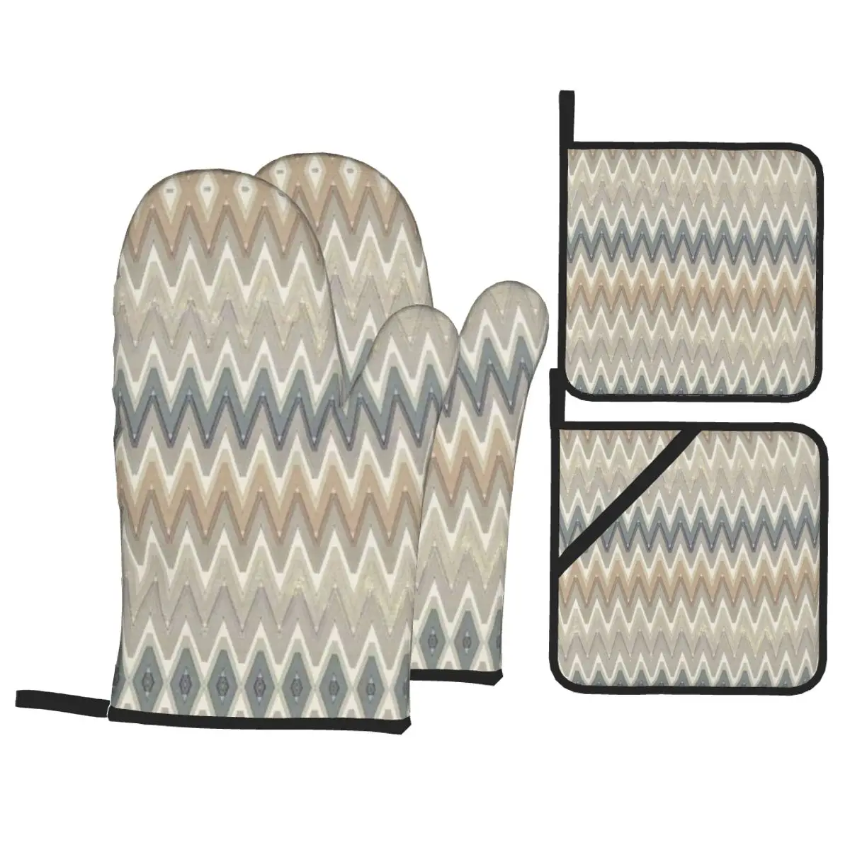 ZigZag Oven Mitts and Pot Holders 4pcs Set for Baking Cooking Non-Slip Heat Resistant Geometric BBQ Kitchen Gloves Potholders: Orange