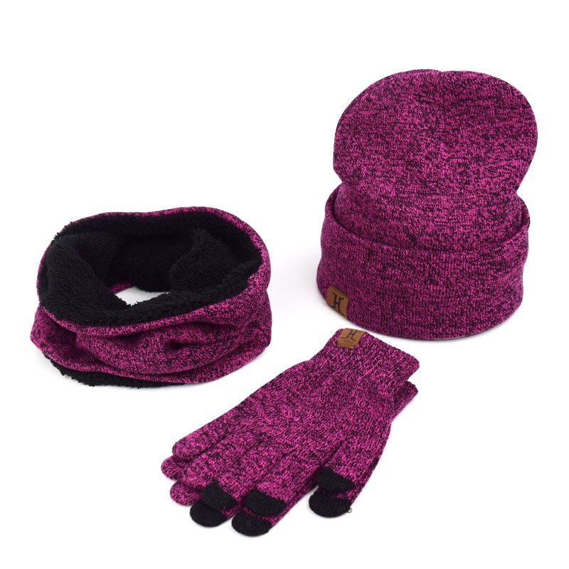 Et sæt mænd kvinder vinter hatte tørklæder handsker bomuld strikket hat tørklæde sæt til mandlige kvindelige vinter tilbehør 3 stykker hat tørklæde: Rosenrød