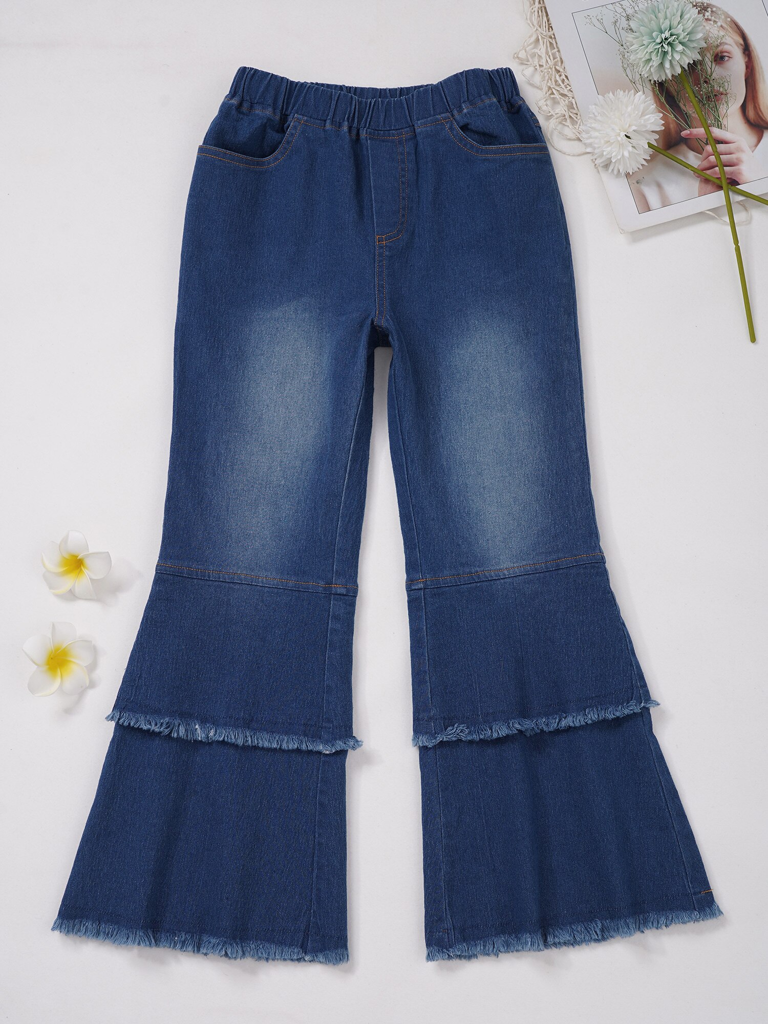 Girls Raw Hem Flare Leg Jeans Tiered Bell-bottom Denim Pants with Multiple Pockets Kids Clothing 6 8 10 12 14 Years