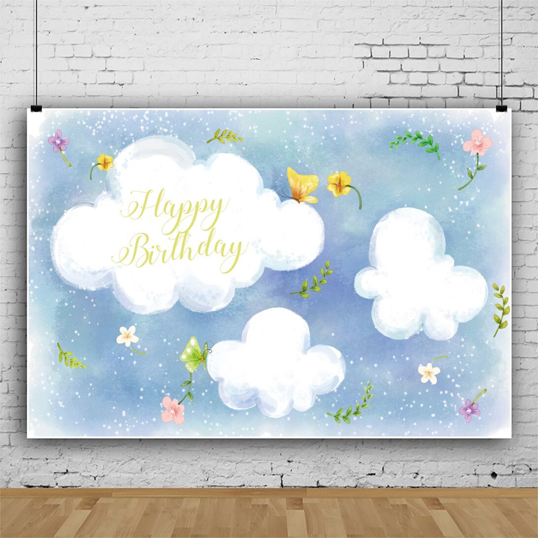 Cartoon White Clouds Happy Birthday Photography Background Photo Booth Studio Decor