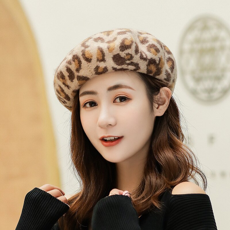 Caluriri Leopard Pattern Warm Wool Winter Thick Wool Women Girl Beret French Artist Beanie Hat Cap For Female