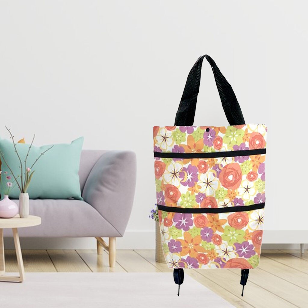 Light Weight Shopping Cart Storage with Wheels Printed Tidy Food Organizer Vegetables Bag Grocery Carts: Orange Flower