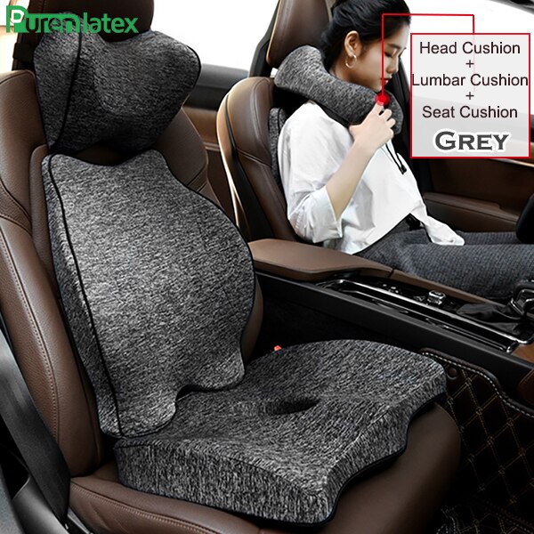 Purenlatex Auto Seat Cushion Memory Foam Orthopedic Pillow for Office Car Pad and Coccyx Cushion for Sciatica & Back Pain Relief: Grey 3 Piece Set