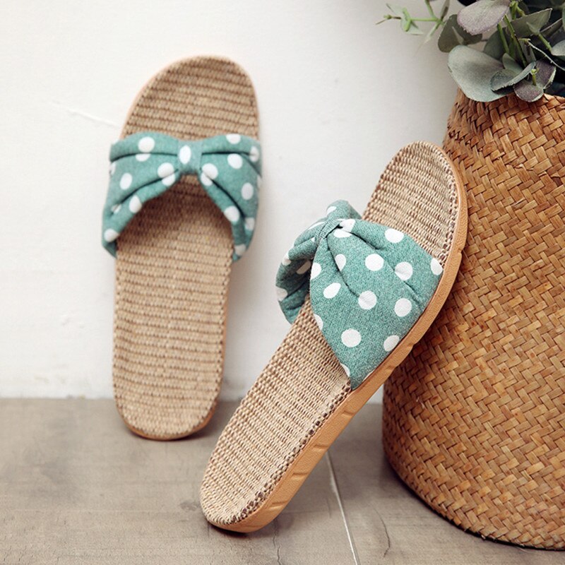 Suihyung Summer Home Shoes For Girls Polka Dot Bow Women Flax Slippers Indoor Casual Slides Floor Shoes Female Linen Flip Flops
