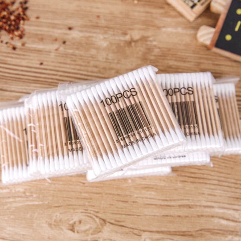 100 stks/pak Dubbele Hoofd Wattenstaafje Baby Vrouwen Make-Up Wattenstaafjes Tip Voor Medische Wood Sticks Neus Oren Schoonmaken Gezondheid zorg