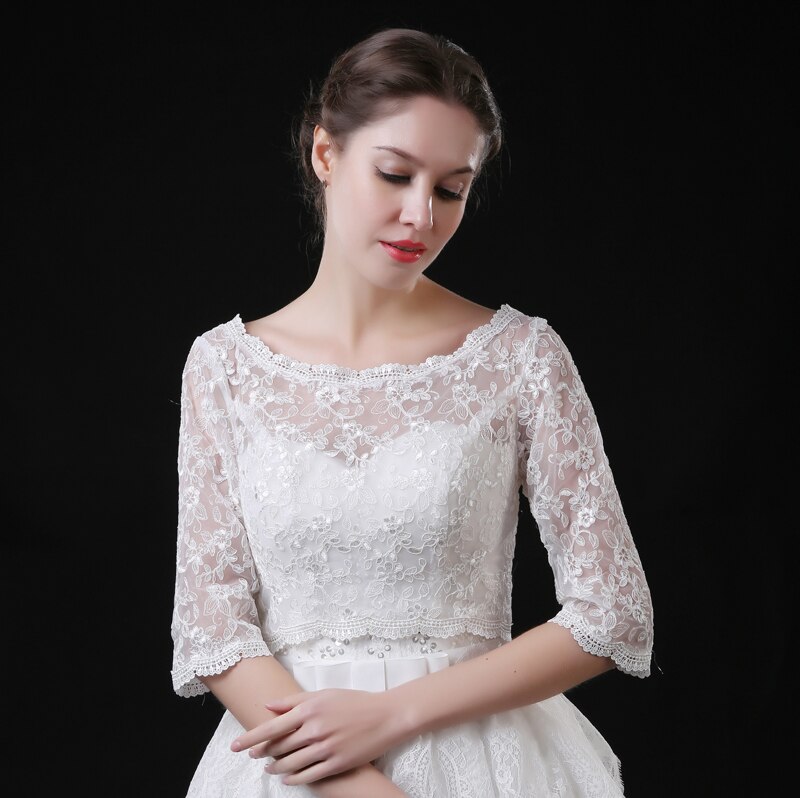 Weiße, elfenbeinfarbene brautjacken mit halben ärmeln und spitze, hochzeitsumhänge, applikationen, brautboleros, wickel auf Lagerbier