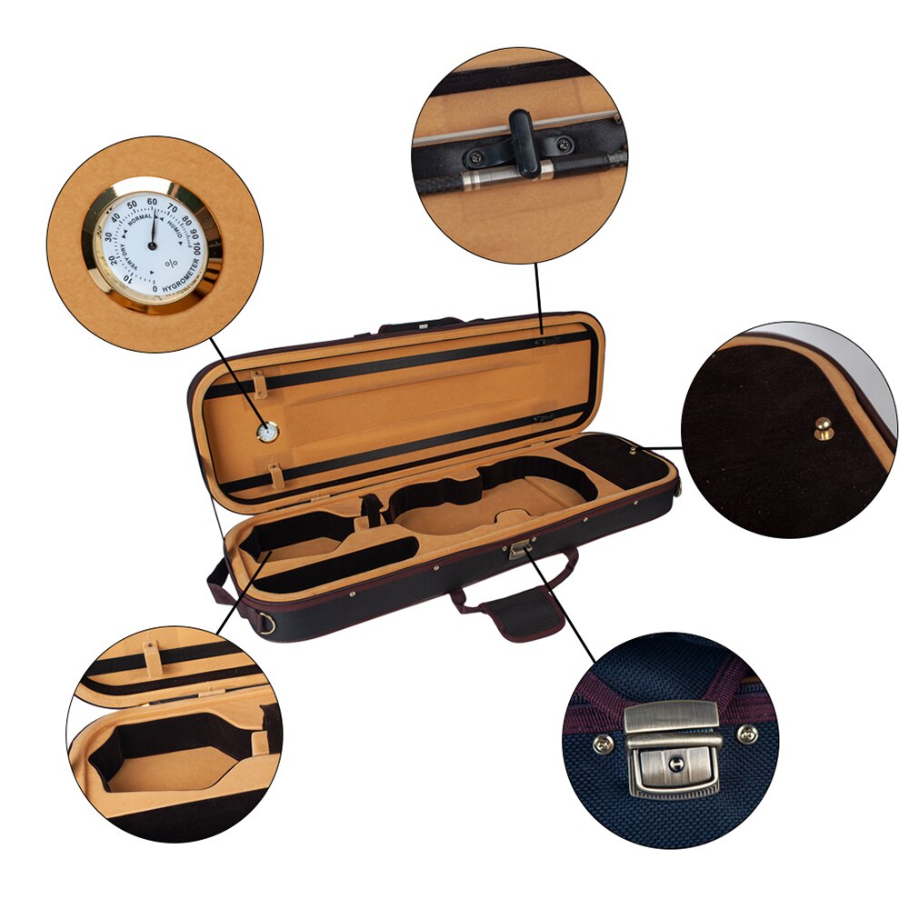 1/2 Full Size Violin Case Carrying Bag Oblong Shape Hard Case with Plush Lining Hygrometer Shoudler Straps
