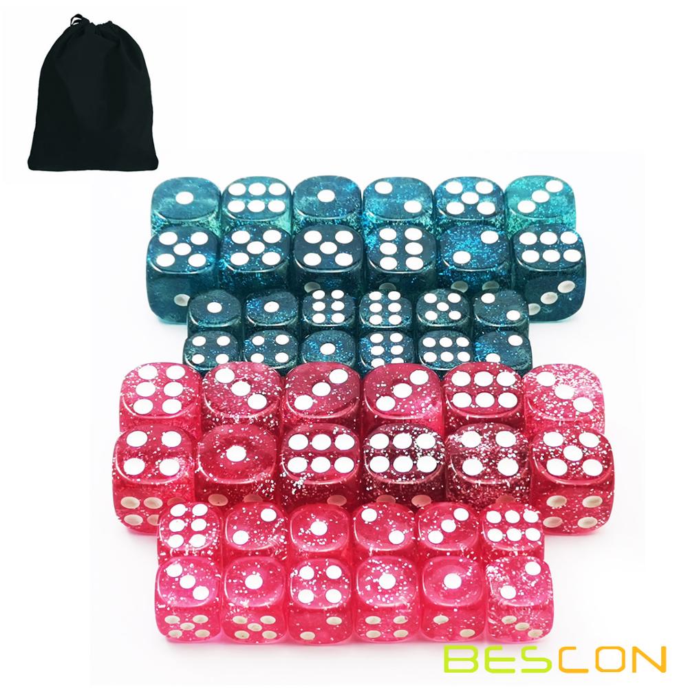 Bescon Ethereal Glitter Dobbelstenen D6 16MM & 12MM 48pcs Set, game Dobbelstenen Glitter Rose en Teal in 12MM & 16MM Elke 12pcs