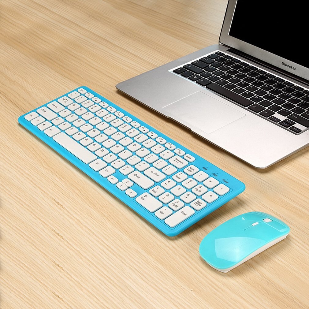 Enkelt ultratynn svart mini trådløst tastatur og mus kombinasjonssett til pc skrivebord loptop klassisk kontor sett: Blå