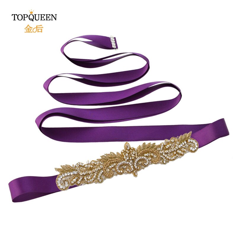 Topqueen  s375- g gull rhinestone midjebelte kvinner beaded bryllup belter india blonder brude sash belte gull belte for formell kjole: Lilla
