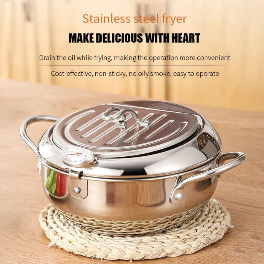 Kitchen Deep Frying Pot Stainless Steel Thermometre Tempura Fryer Pan Temperature Control Fried Chicken Pot Cooking Tools