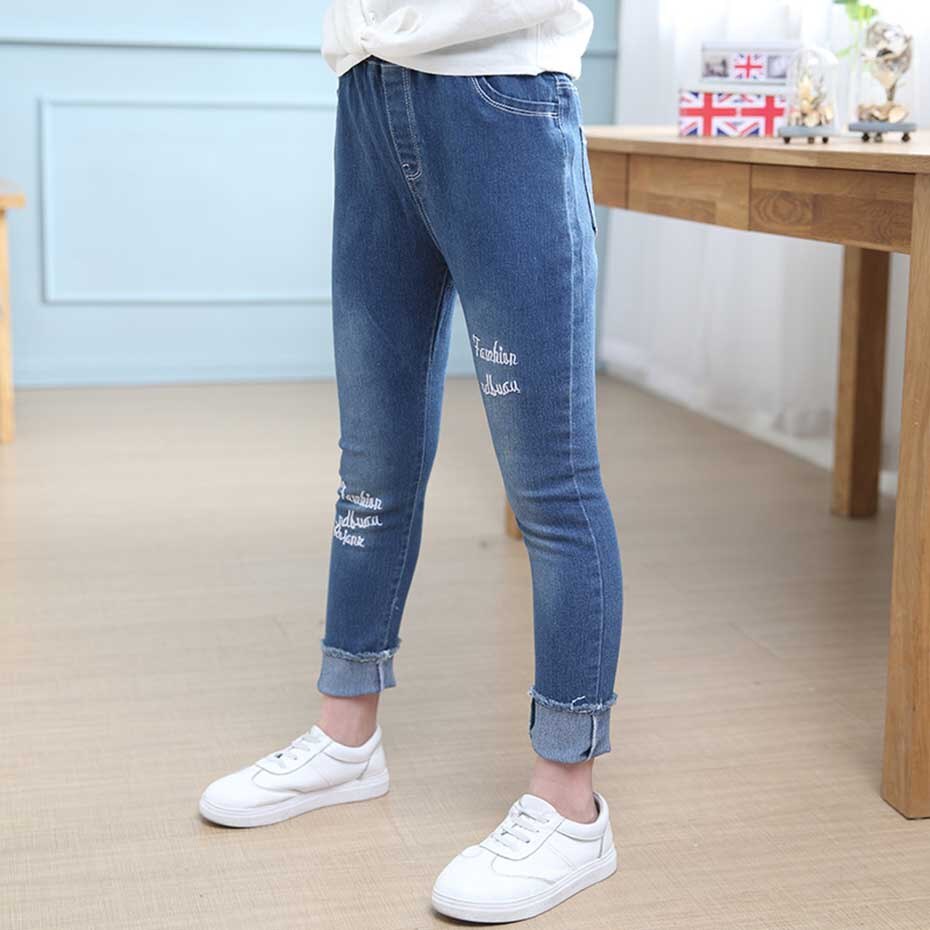 Jeans For Girls Letter Embroidery Girl Jeans Kids Elastic Waist Kids Jeans Pants Spring Autumn Casual Jeans Clothes For Girls: 3T