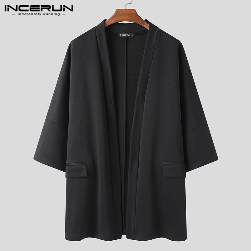 Incerun heren mantel jassen open steek effen kleur bovenkleding streetwear 3/4 mouwen chic casual trenchcoat heren poncho s -5xl