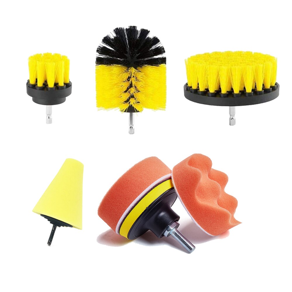 Juego de cepillos para cepillo de limpieza con motor esponjas para pulir el coche, Herramientas de limpieza de baño y lavado de ruedas para el coche, 7 Uds.: Amarillo