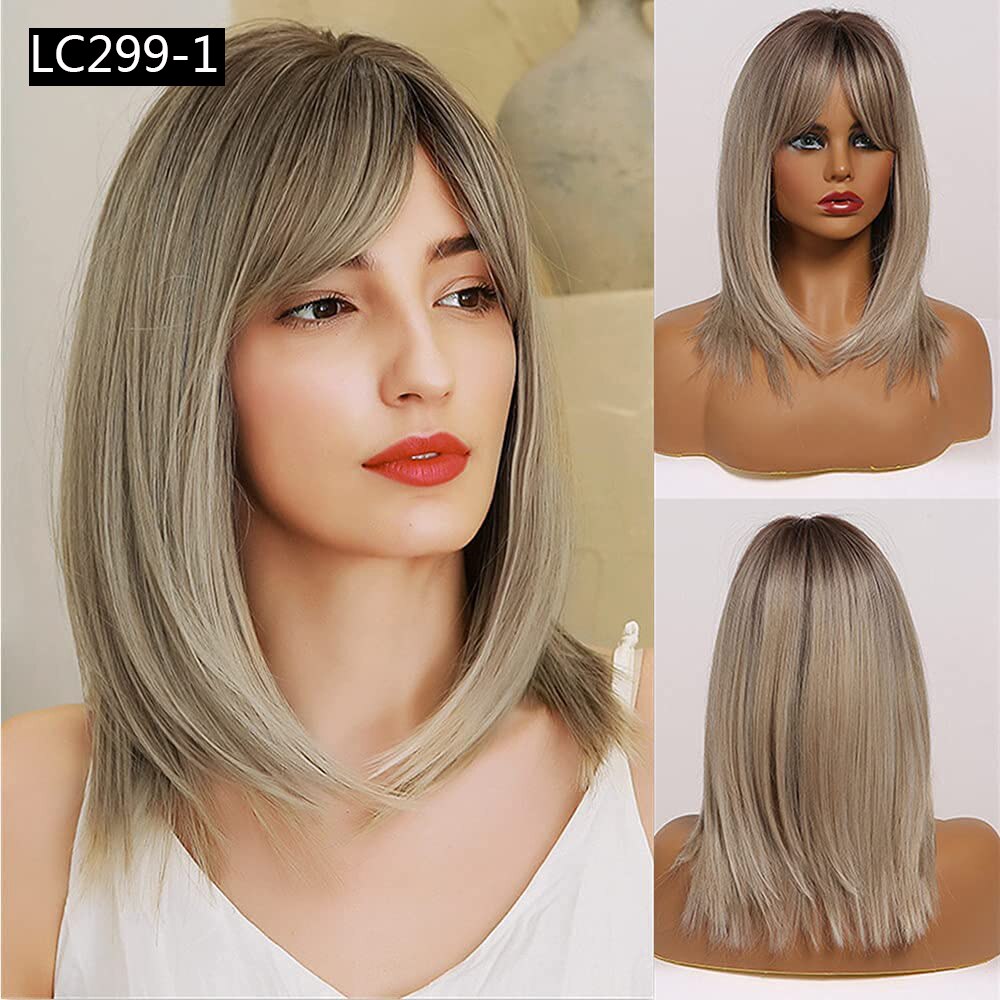 Element 16 Inch Synthetic Wig With Bangs Natural Headline Ombre Brown Color Cosplay Party Replacement Wigs for Women: LC299
