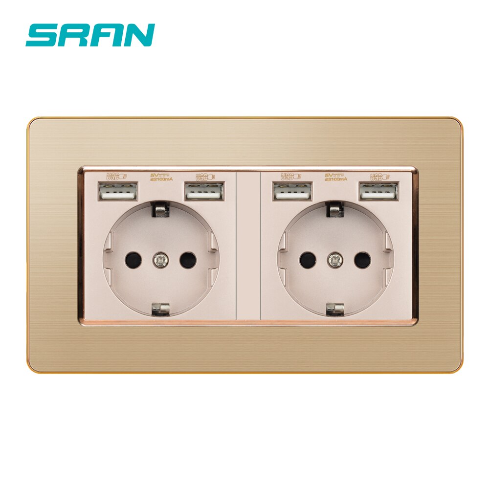 SRAN Wall 16A EU Standard Multi Way power socket with usb outlet strip 146mm*86mm stainless steel panel: 146 A2 Gold usb eu