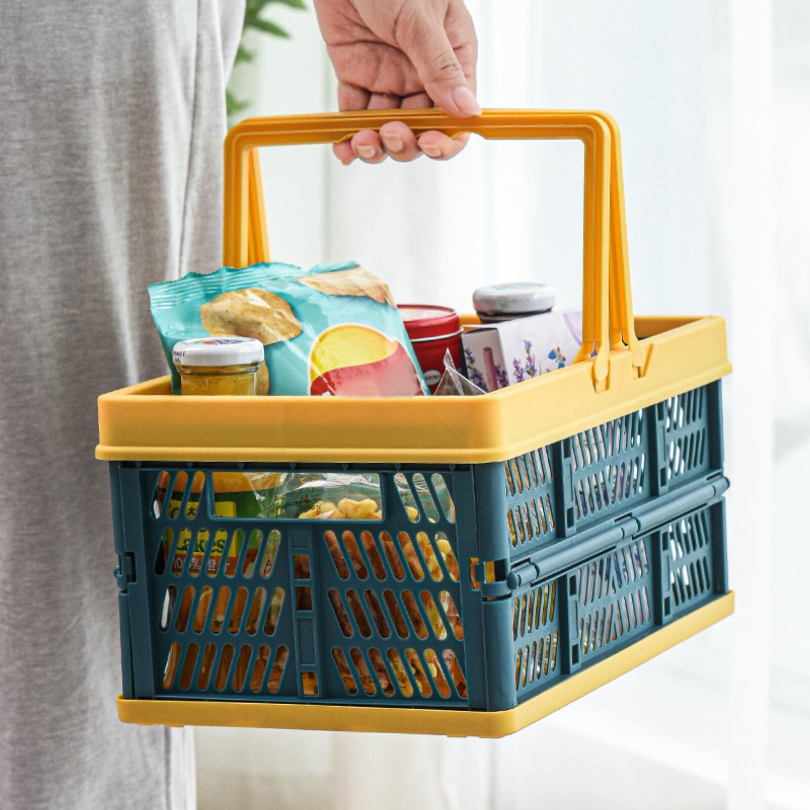 Portable Basket Folding Plastic Storage Crate Box Food Snacks Picnic Basket Home Office Desktop Organizer Container