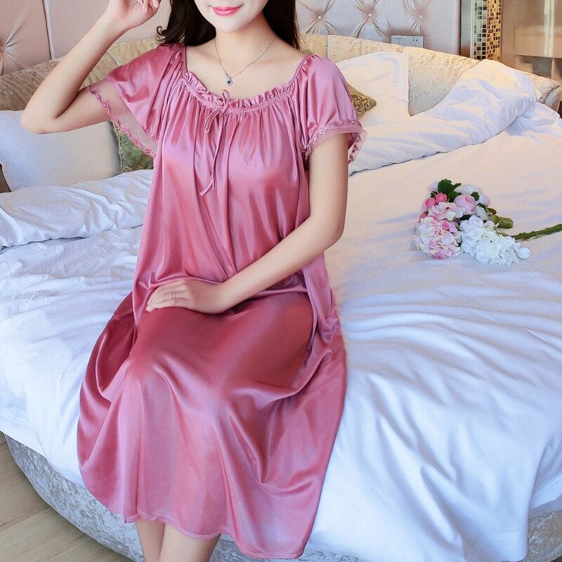 83XC Womens Summer Lace Ice Silk Nightdress Short Sleeve Loose Plus Size Nightgown XL