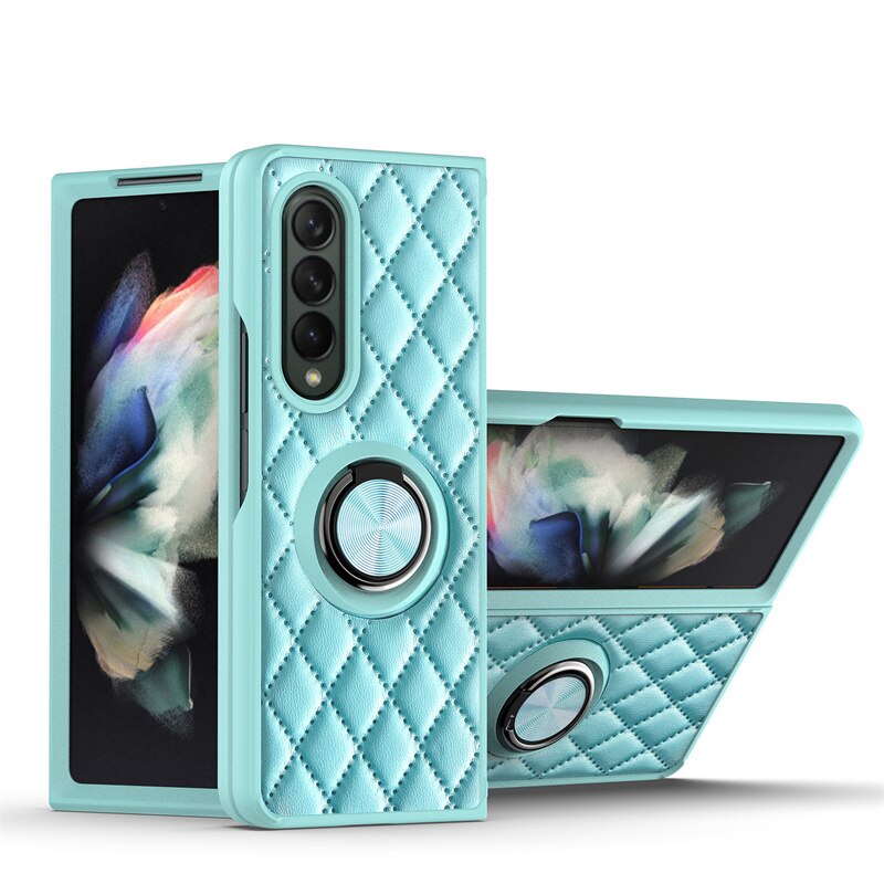 Diamant Telefoon Geval Voor Samsung Galaxy Z Vouw 3 5G Embossing Lederen Ring Met Houder Shockproof Back Cover Voor galaxy Z Vouw 3: Sky Blue