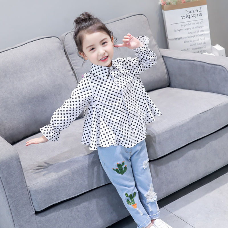 Blusa de manga larga con estampado de puntos para niñas de primavera, camisetas con lazo para niñas de chico y bebé, camisetas para niños de otoño, dulce camisa suelta, ropa A08