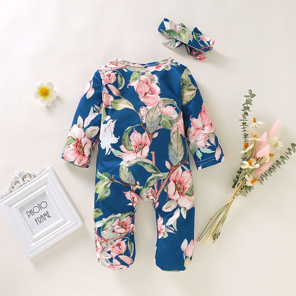 baby Jumpsuit clothes autumn spring Newborn Infant Baby Girl Boy Footed Sleeper Romper Headband button Clothes Outfits Set