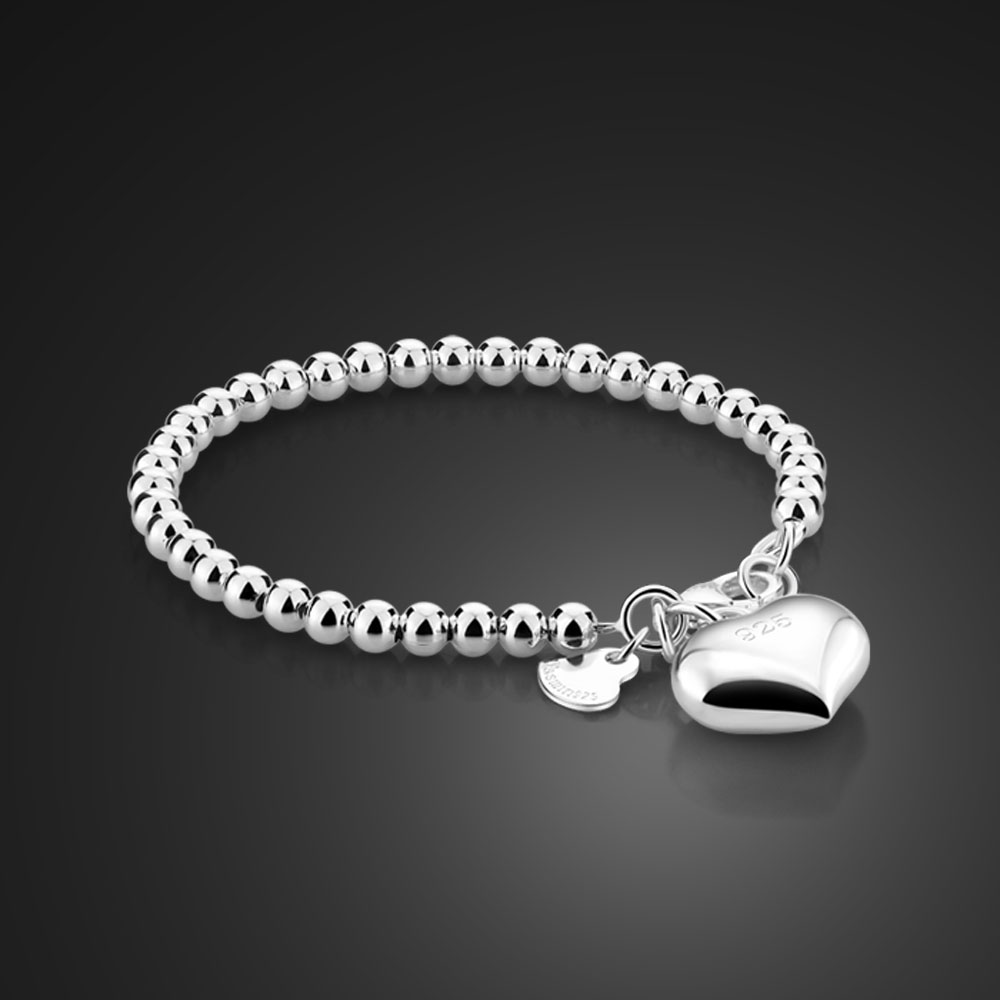 simple 4MM/6MM ball bead bracelet. Solid 925 silver heart-shaped jewelry. women's silver 15cm/20cm chain