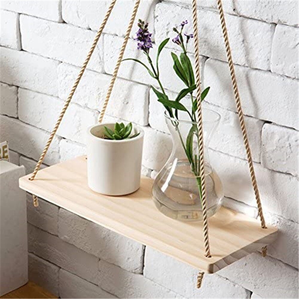 Wood Swing Hanging Rope Wall Mounted Floating Shelves Flower Pot Home Decor For Year 2022 Living Room Decoration