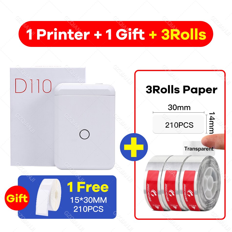 Niimbot  d110 etiketprinter mini klistermærke papirrulle transparenter trådløs bluetooth telefonprinter etiket prisskilt udskrivning etiket: Tilføje 3 gennemsigtige