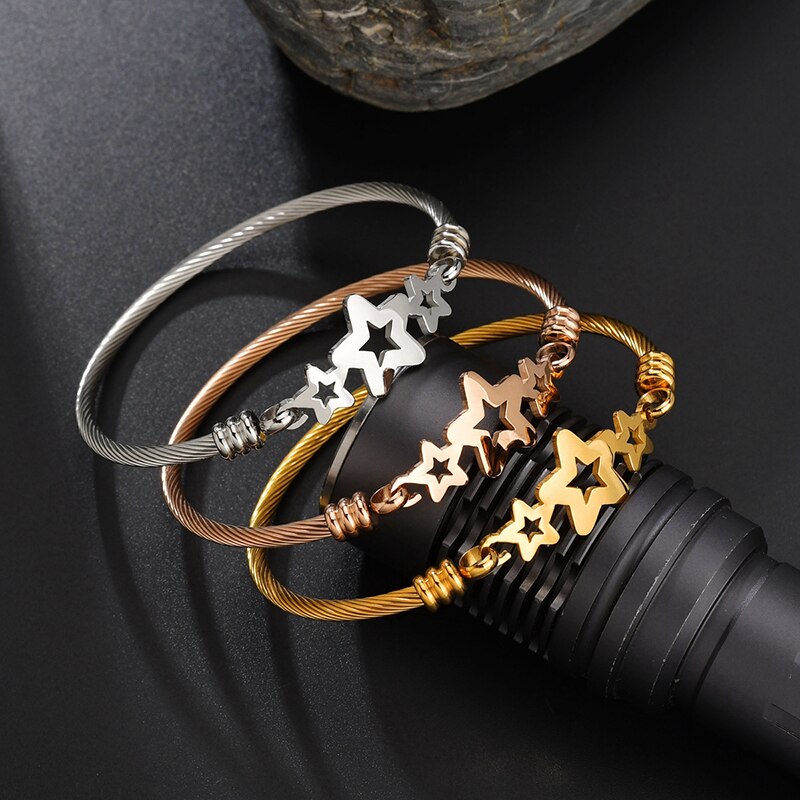 Goxijite 3 Colors Jewelry Women's Stainless Steel Twisted Cable Wire Heart Tree Of Life Charm Bracelet Bangle Jewlery