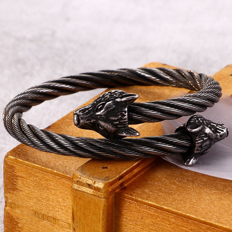 Punk rostfritt stål matt viking varg drake berlock armband man hip hop kabel tråd guld djur manschett armband män smycken