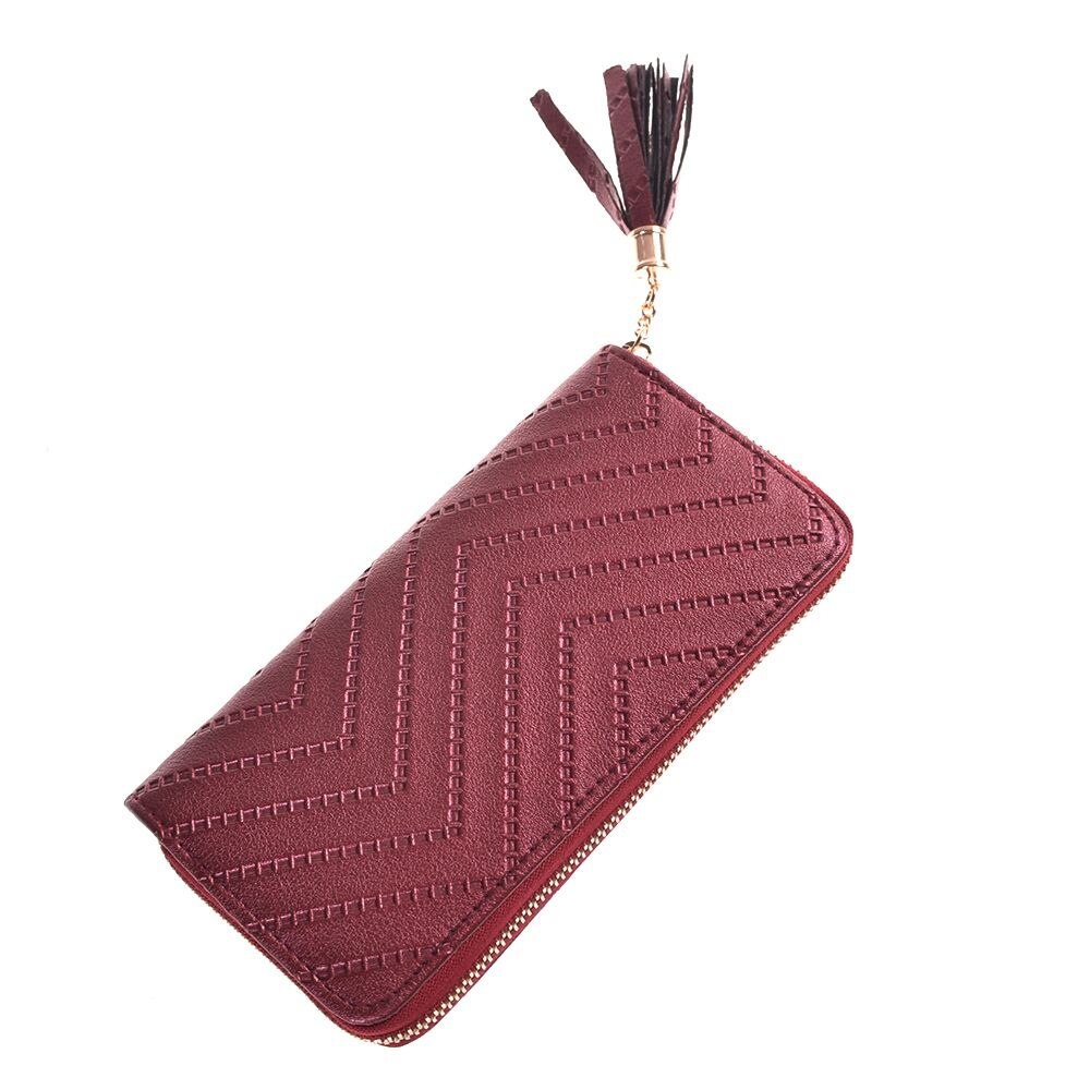 Mode Vrouwen Lady Lederen Kaarthouder Lange Portemonnee Clutch Checkbook Tassel Handtas Portemonnee: wine red