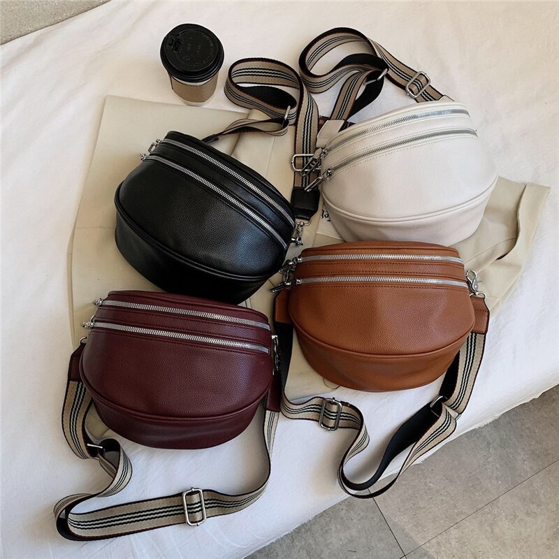 Burminsa Brede Band Zadel Taille Fanny Pack Voor Vrouwen Dubbele Rits Dames Riem Borst Tassen Pu Lederen Sling Crossbody Tassen