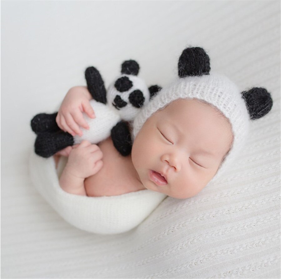 Baby Beanies Mohair Knit Panda Hat Doll Set Baby Props For Photography Born Studio Shooting Set Newborn Photo Fotografia