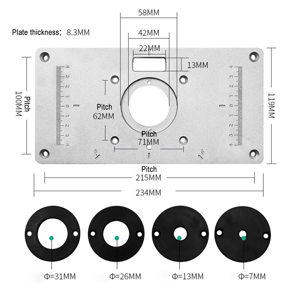 Router Tafel Plaat 700C Aluminium Router Tafel Insert Plaat met 4 Ringen Schroeven voor Houtbewerking Bankjes