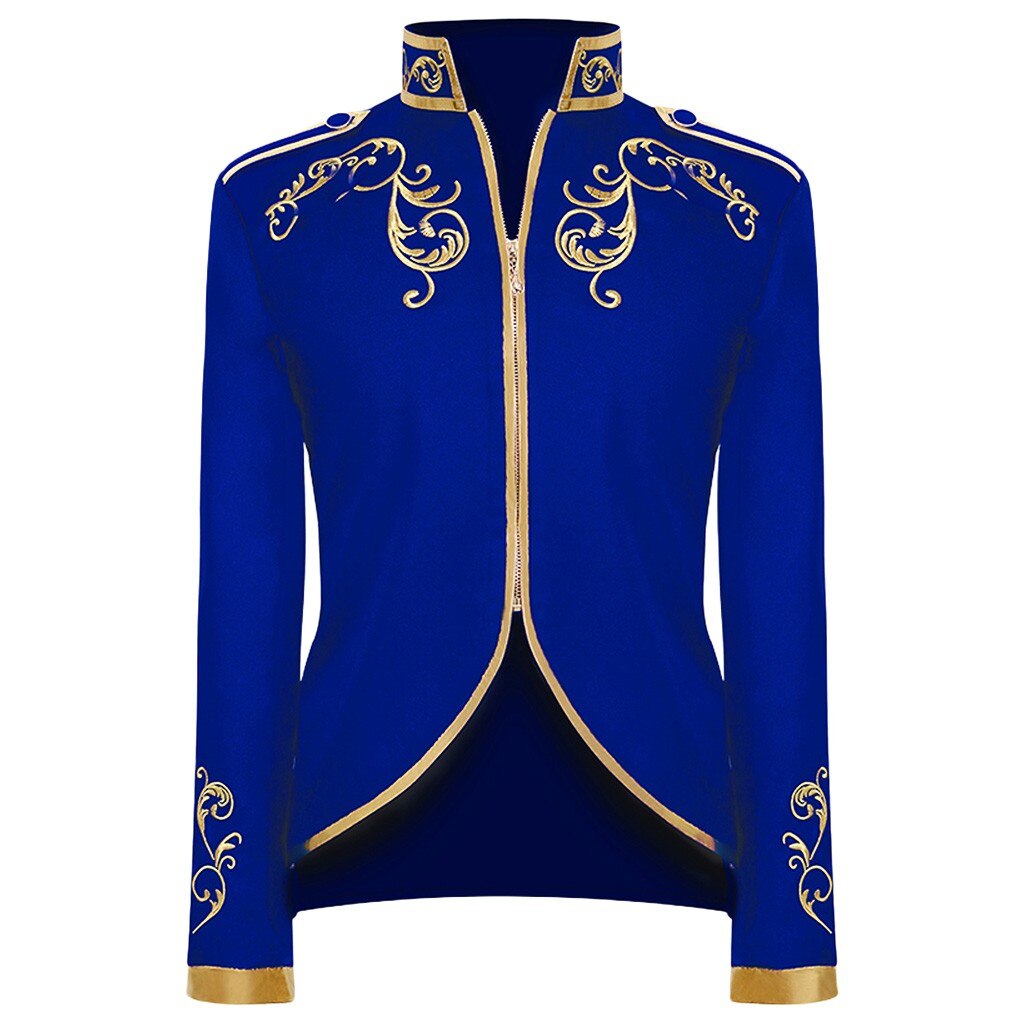 vintage steampunk men suit jacket Embroidery Coat men blazer stand collar cosplay party terno masculino mens suit: Blue / S