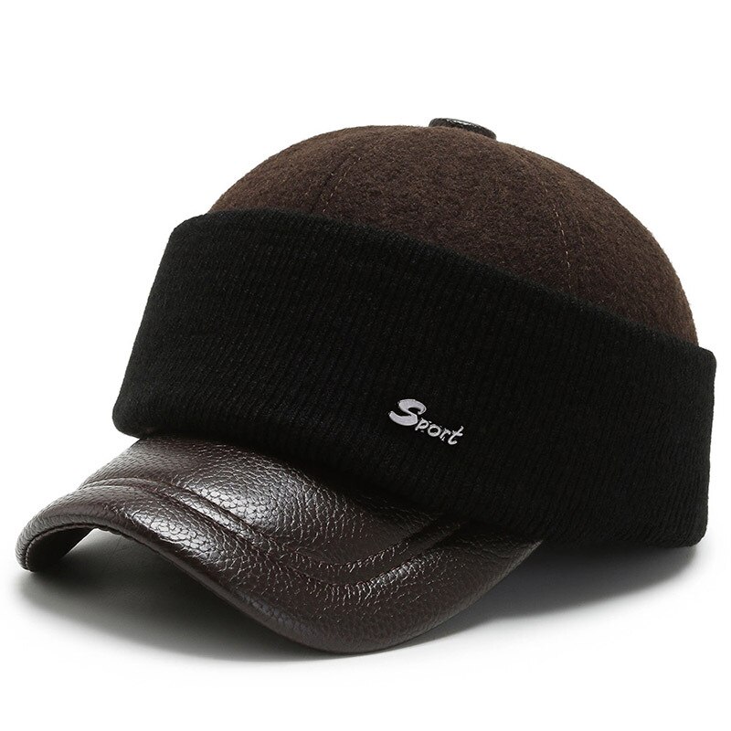 Gorra de esquí a prueba de viento para hombre, gorro de béisbol con orejeras, de lana, de Golf, Snapback, máscara de fieltro, protección para las orejas: Brown