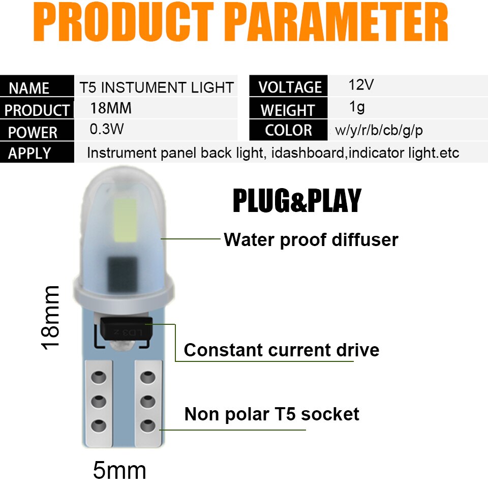 Ampoule Led T5 W3W W1.2W, 5 pièces, indicateur de lumière intérieur de voiture, jauge de tableau de bord, Instrument, lumière de Signal automatique 12V blanc,