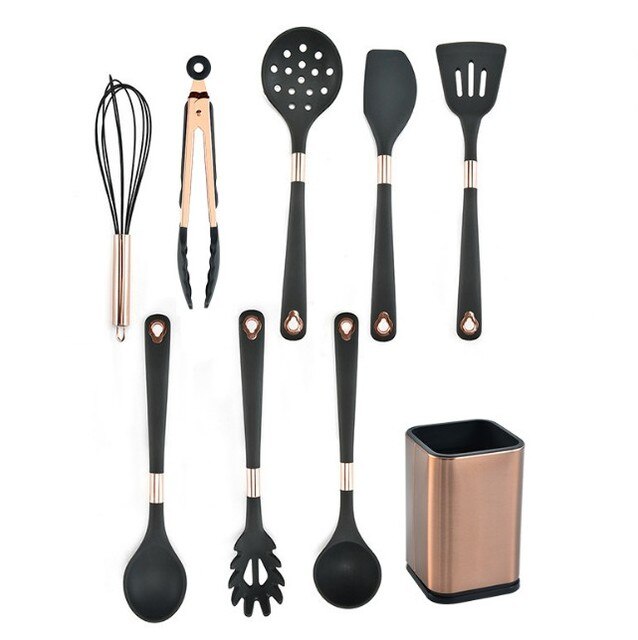 Zwarte Goud Keuken Kookgerei Siliconen Keukengerei Non Stick Plated Kookpot Set Spatel Pollepel Ei Kloppers Schop Gebruiksvoorwerpen Sets: 9PCS Storage Trumpet