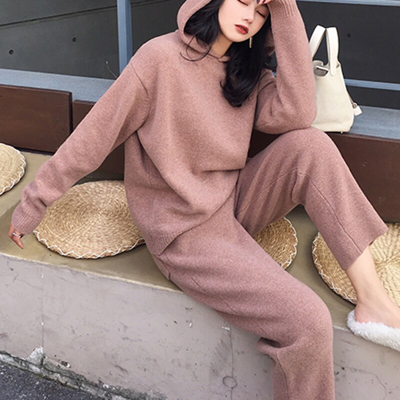 Women's Two Piece Winter Sweaters Solid Cool Sportwear Loose Long Sleeve Running Sport Suit