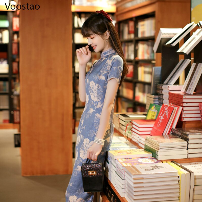 Vestido Qipao tradicional de estilo chino para mujer, con estampado Floral Cheongsams, , Vintage, para