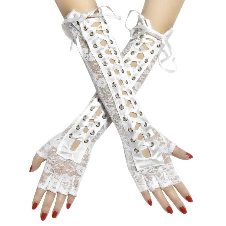 Gants longs Lolita pour femmes, rétro, Steampunk gothique, Corset en dentelle, demi-doigt, ruban en résille
