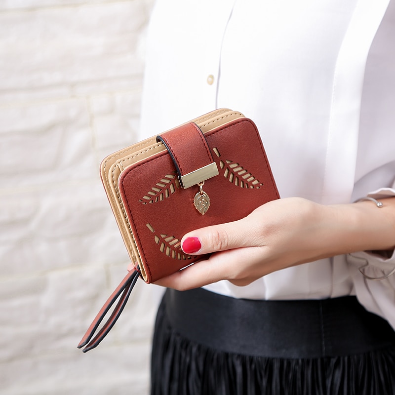 Women's Wallet Female Short Wallets Hollow Leave Pouch Handbag for Women Coin PU Leather Purses Card Holder Carteira