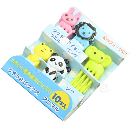 10 st mini kawaii djur gård tecknad gaffel frukt tandpetare tecken bento luncher: D16036