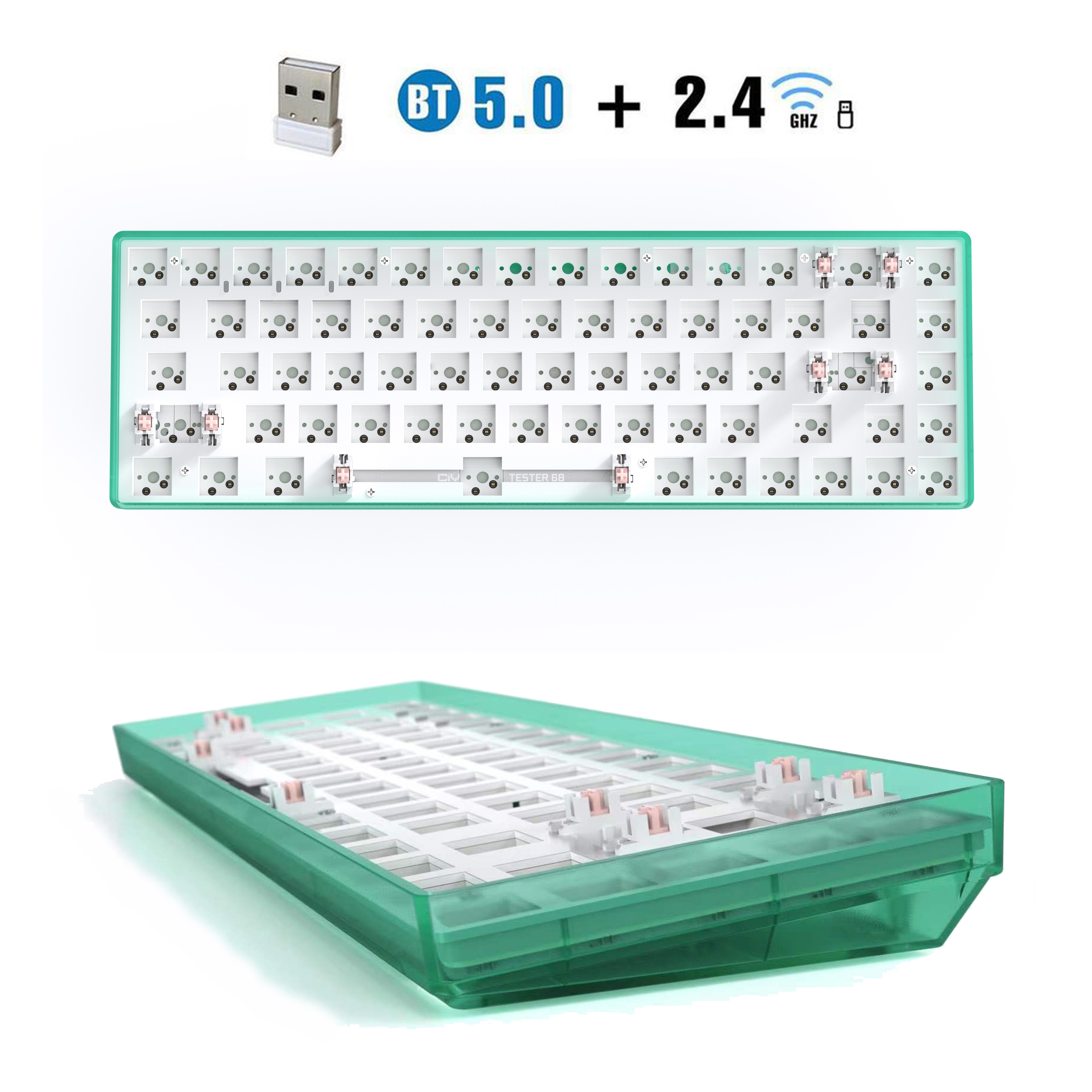 TESTER68 – Kit de clavier mécanique sans fil, Bluetooth 2.4G, 2 modes de jeu, 60%, pour interrupteur 3 broches/5 broches