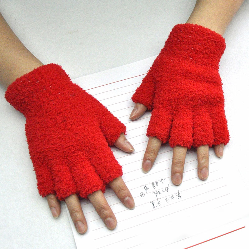 Guantes de punto de lana de Coral para adultos, manoplas de medio dedo para hombres y mujeres, guantes sin dedos para escribir: Rojo