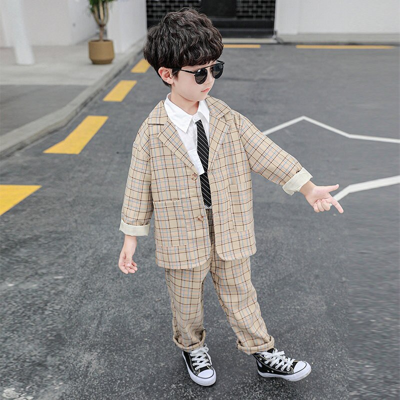 2 Stuks Kids Plaid Bruiloft Blazer Pak Voor Peuter Jongens Formele Kostuum School Pak Voor Kinderen Lente kleding Sets