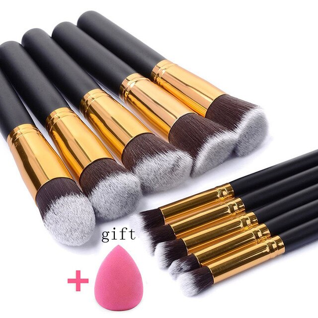 Conjunto de brochas de maquillaje 10 Uds., brochas profesionales para base en polvo, sombra de ojos, cosmética, pelo sintético suave: Black Gold
