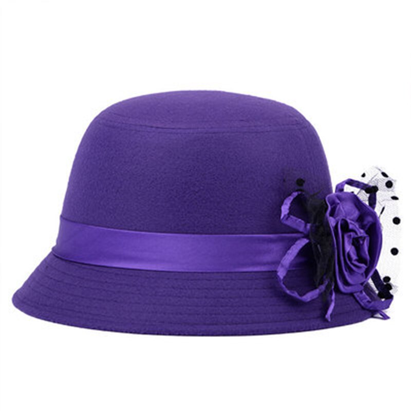 Ladies Formal Fedora Bowler Hats Vintage Women Hat Imitation Woolen Flower Autumn Winter Keep Warm Bucket Cap